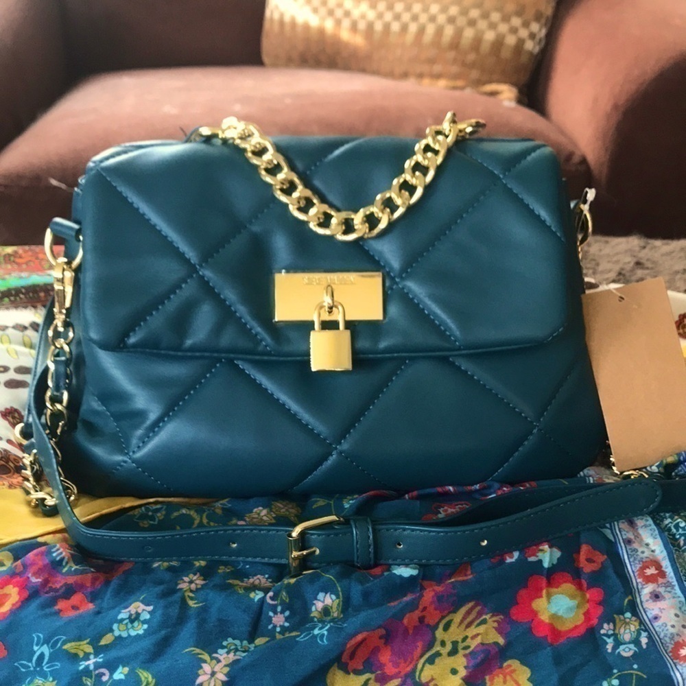 Brand New Steve Madden Peacock Green Chain Handbag Crossbody Purse Quilt Stitch